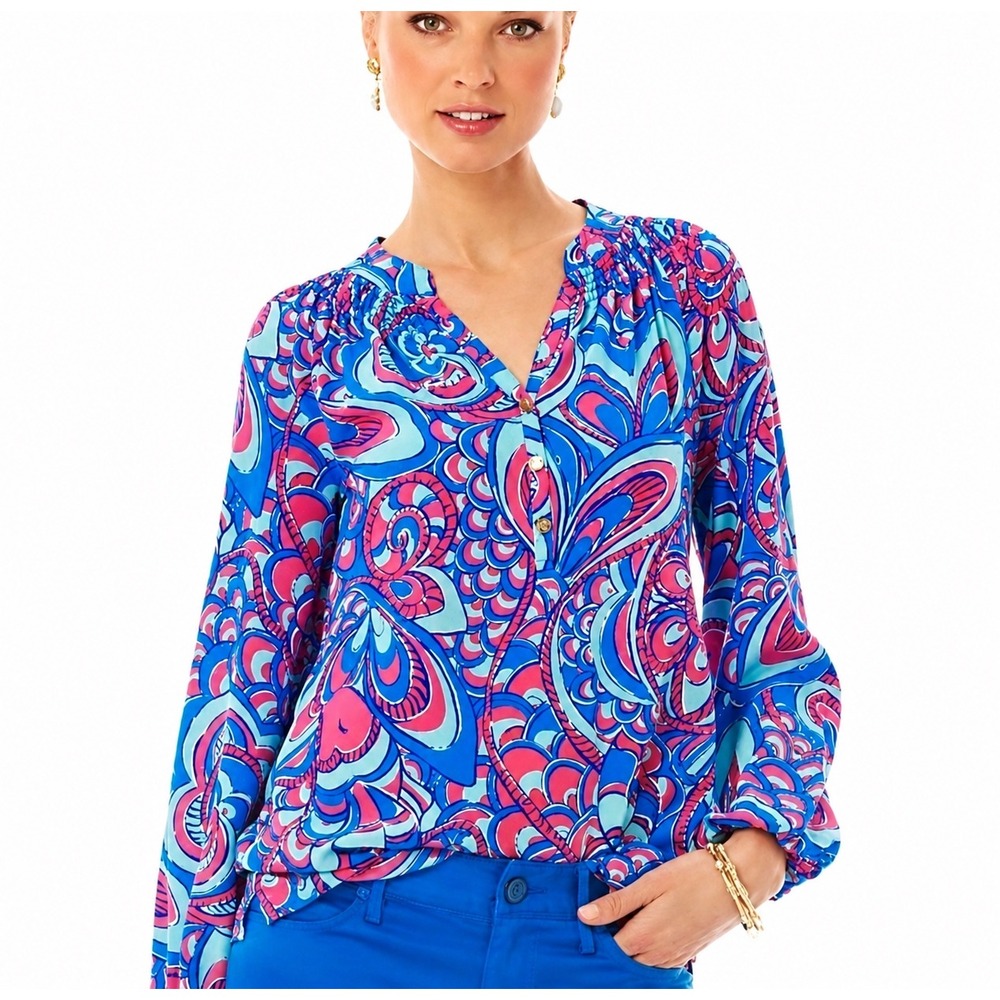 Lilly Pulitzer Silk Elsa Popover Blouse M Pink Blue Aqua Resort Coastal Boho